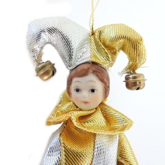 Vintage Porcelain Harlequin Doll Christmas Ornament Silver Gold Shiny 1980s - Picture 3 of 4